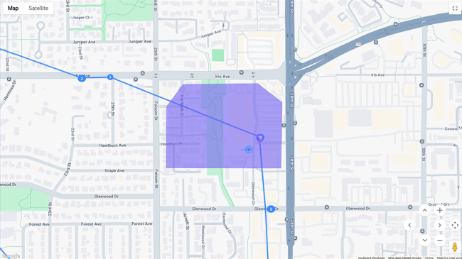 Map showing a monitoring zone and location points